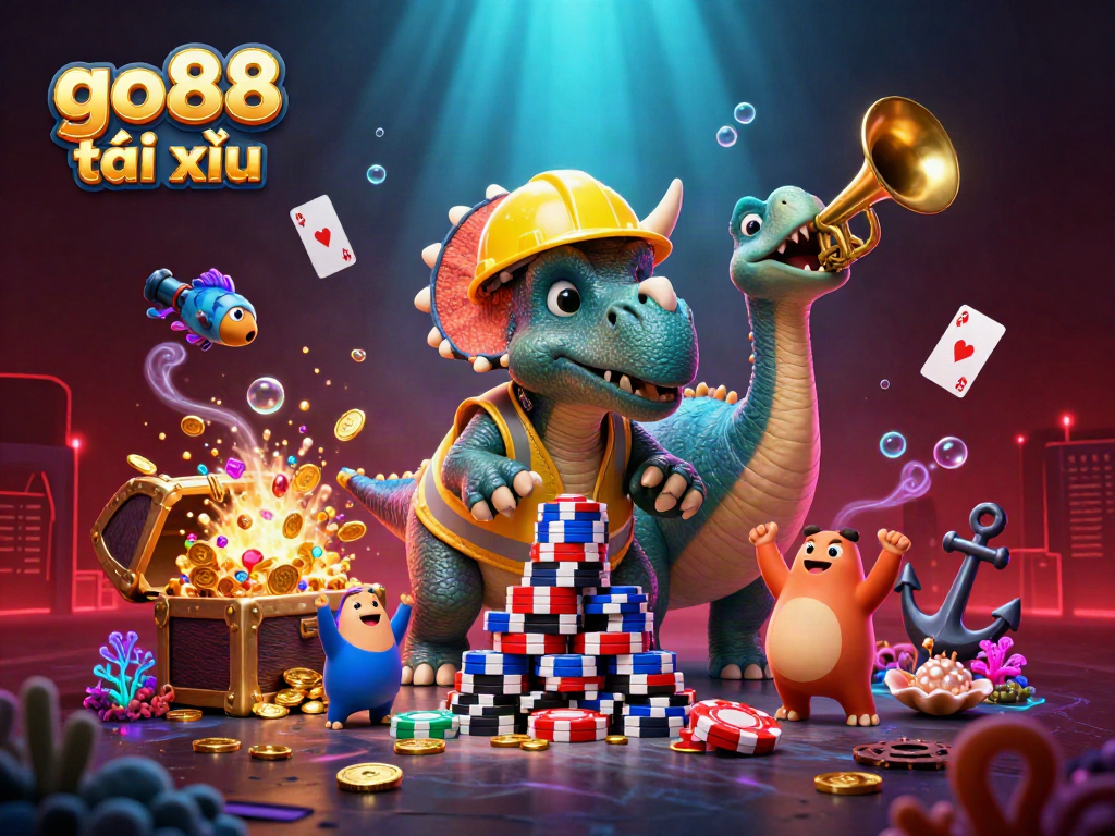 Exciting scene with go88 tài xỉu characters celebrating and building poker chip tower.