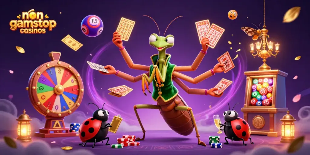 Experience the thrill of non gamstop casinos with vibrant illustrations of casino activities, cards, and lottery elements.