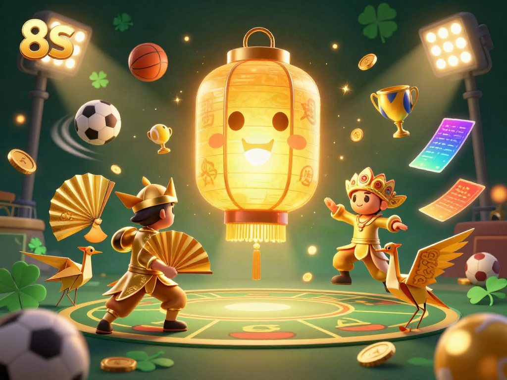 Experience the vibrant energy of 8S with a dynamic casino illustration showcasing golden lantern spirits and sports elements.