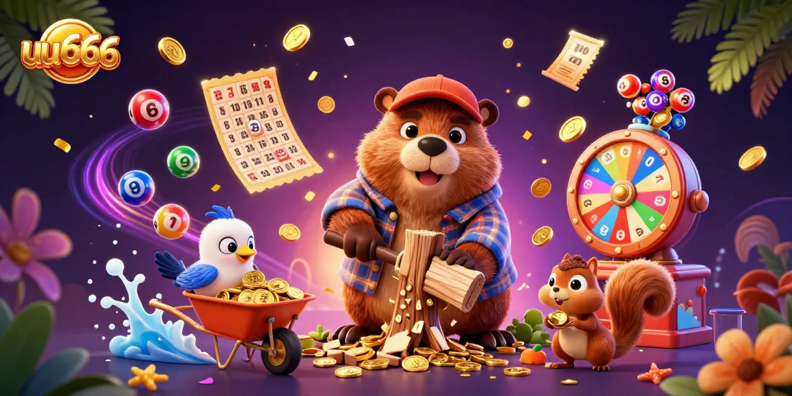 Join the fun with uu666 as a beaver chops coins raining from a tree amidst lottery elements.