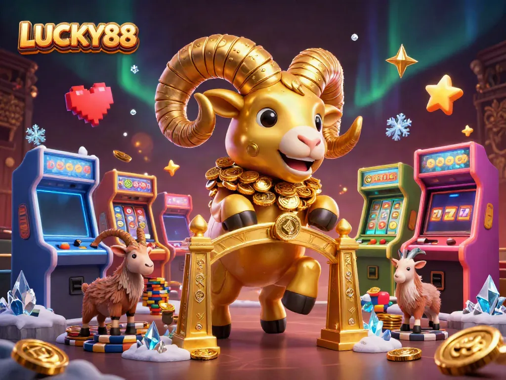 Experience the excitement at LUCKY88 with a vibrant 3D casino illustration showcasing slot machines and a golden ram.