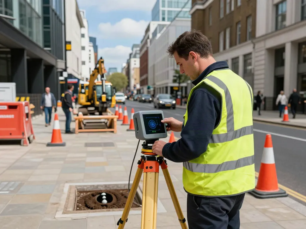 Utility Survey London with a surveyor using ground-penetrating radar in an urban setting.