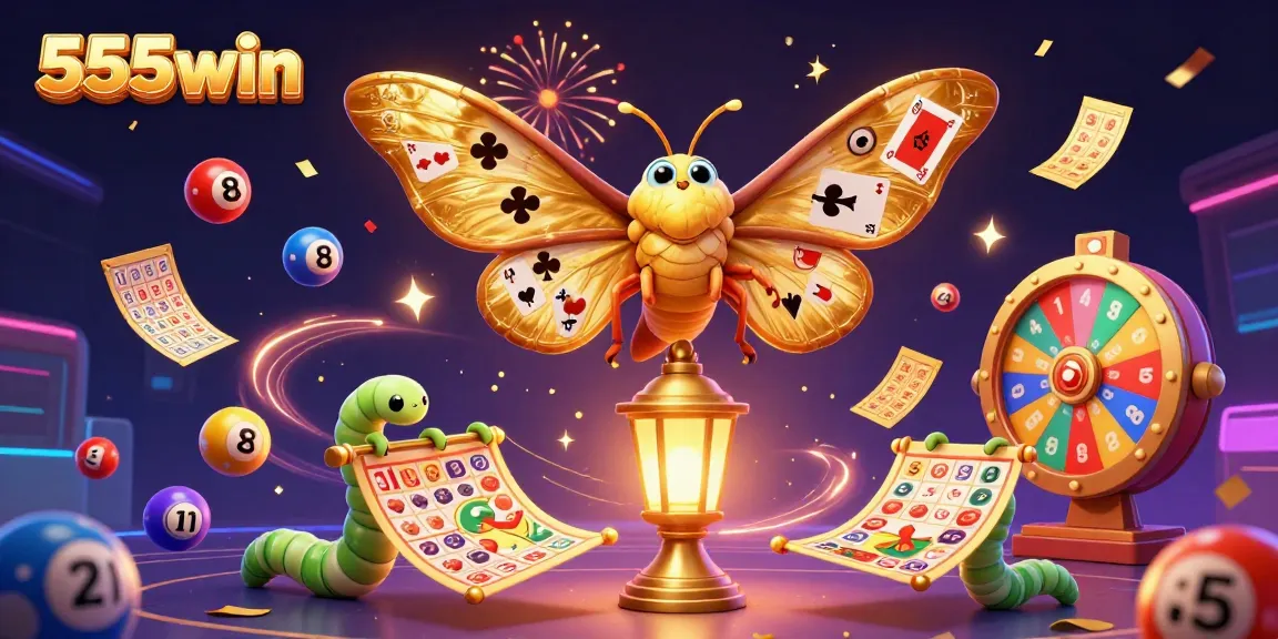 Engage in a vibrant gaming experience with 555win, featuring a cartoon moth and colorful lottery elements.