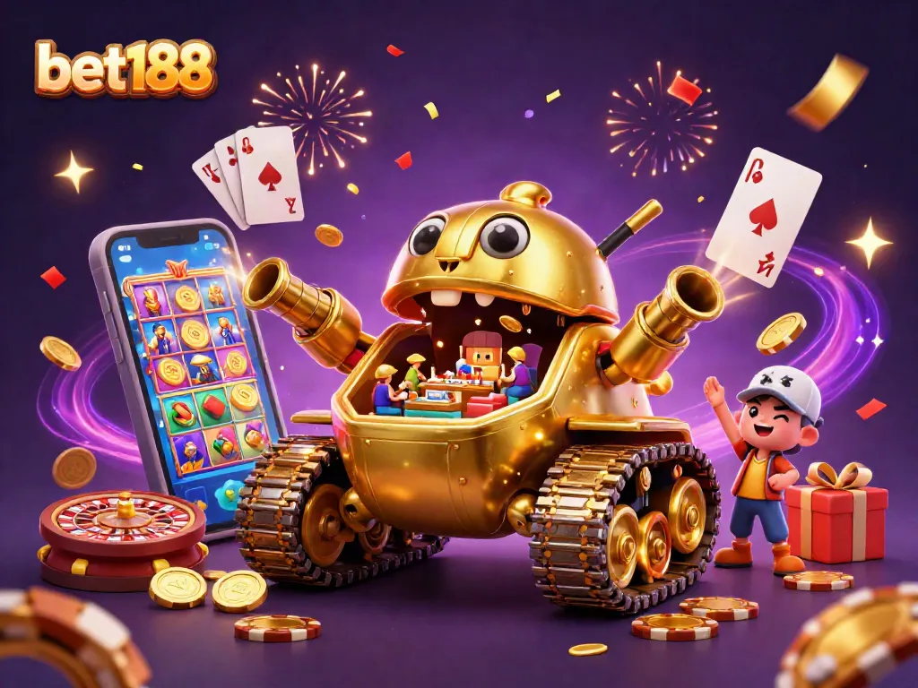Experience excitement with bet188 in this vibrant gaming scene featuring a golden beetle tank and casino elements.