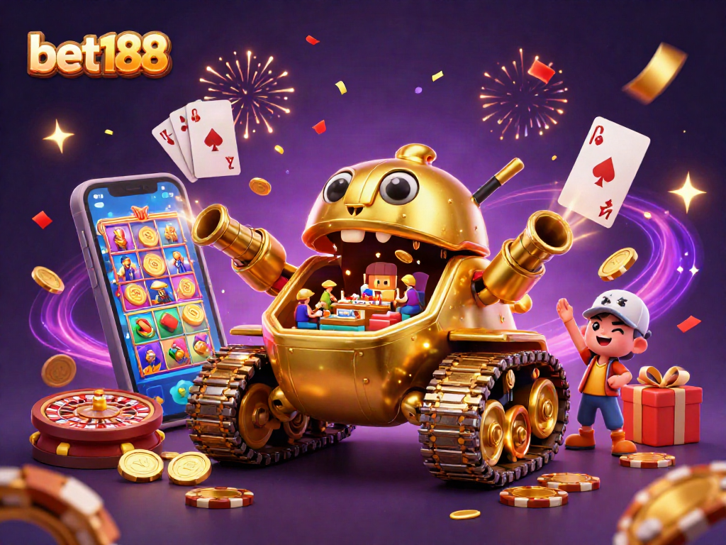 Experience excitement with bet188 in this vibrant gaming scene featuring a golden beetle tank and casino elements.