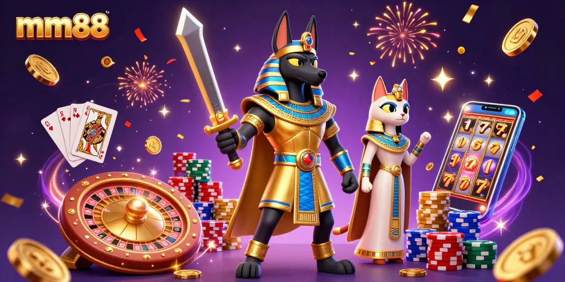 Experience thrilling wins at mm88 with a vibrant casino scene featuring Anubis and Bastet.