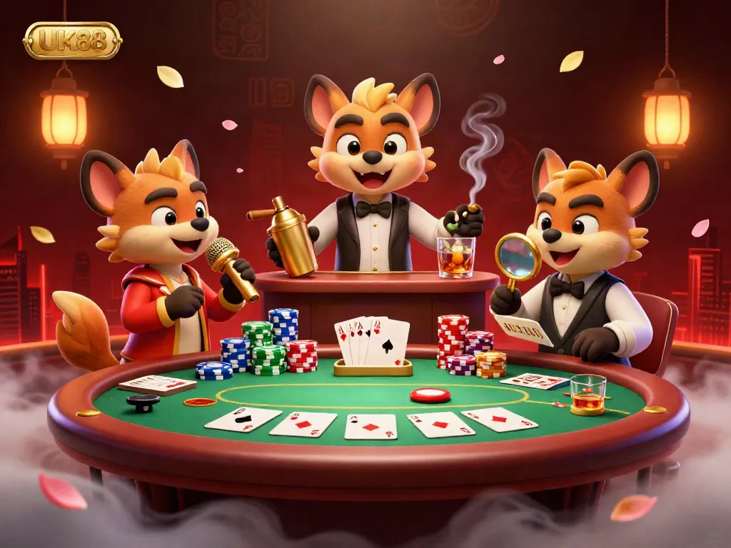 Hyenas at UK88 casino illustrating vibrant comedy and excitement with poker elements.