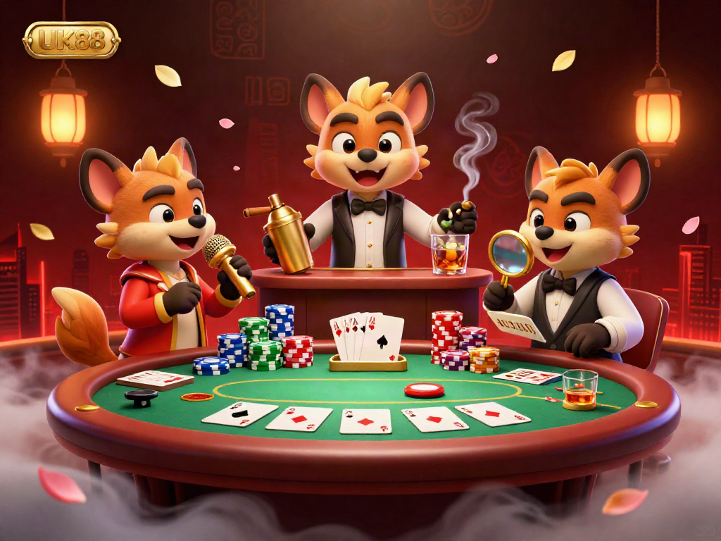 Hyenas at UK88 casino illustrating vibrant comedy and excitement with poker elements.