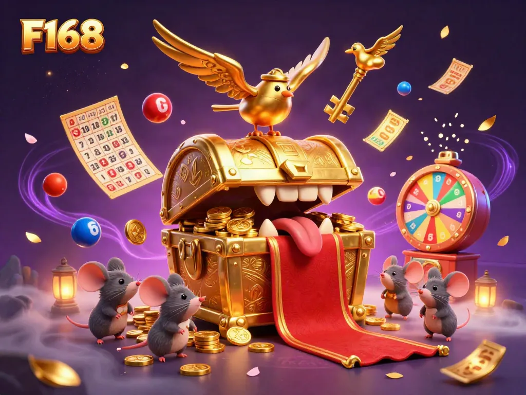 F168 captures the adventure of online gambling with vibrant characters and dynamic elements illustrating casino excitement.
