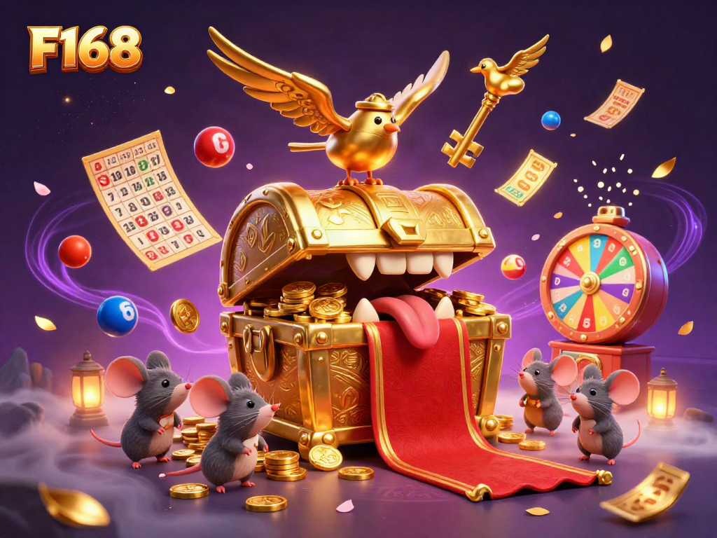 F168 captures the adventure of online gambling with vibrant characters and dynamic elements illustrating casino excitement.