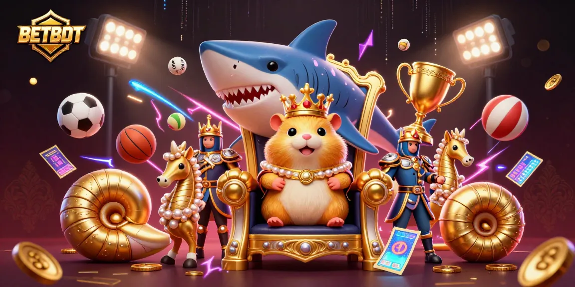 BetBDT's dynamic casino scene features a golden hamster king with royal seahorse guards and sports elements.