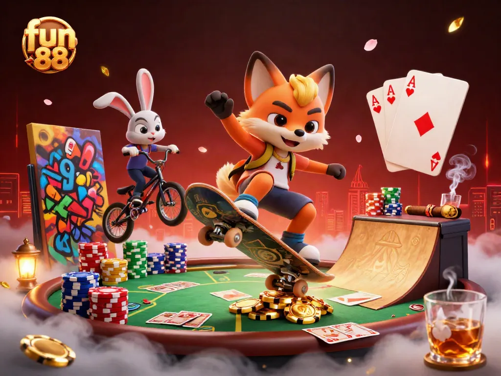 Experience the thrill of fun 88 with a vibrant scene featuring a skateboarder fox over golden poker chips.