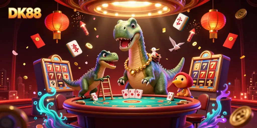 DK88 brontosaurus casino scene with raptor dealer and festive elements for a vibrant gaming atmosphere
