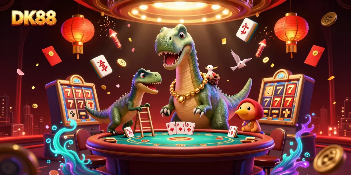 DK88 brontosaurus casino scene with raptor dealer and festive elements for a vibrant gaming atmosphere