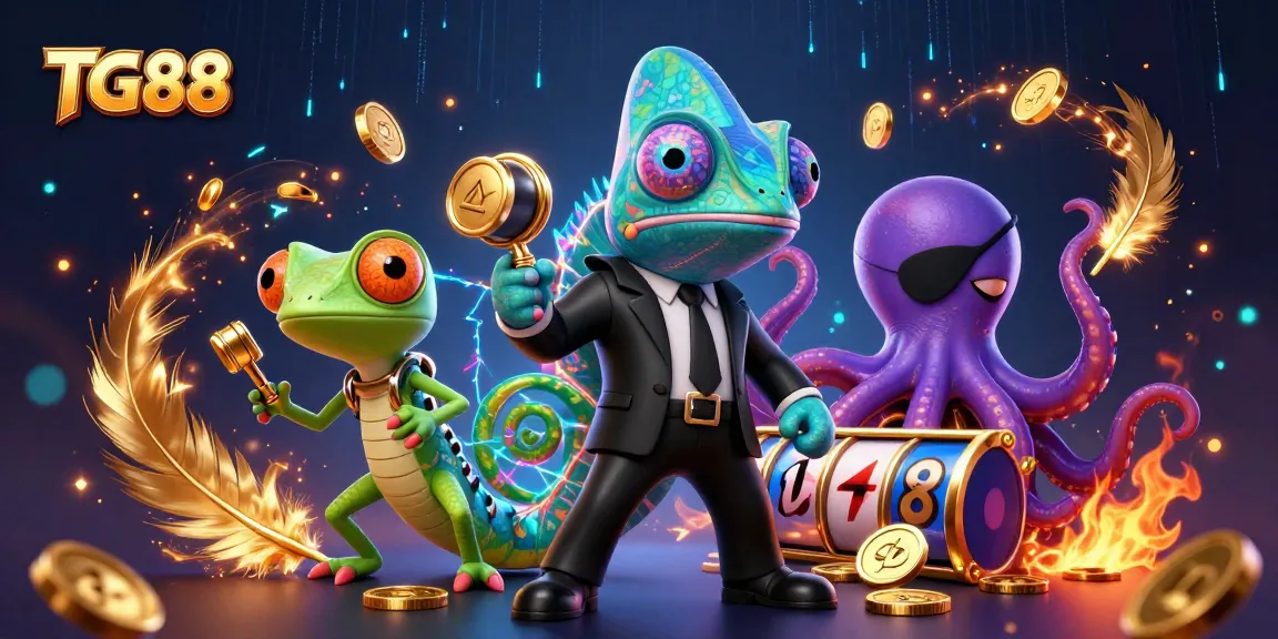 Experience the thrill of TG88 with a vibrant chameleon and friends amidst casino delights.