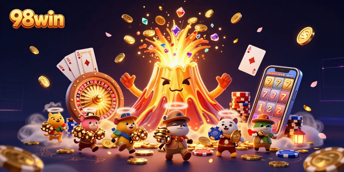Engage with thrilling gameplay at 98win, featuring a dynamic 3D scene of gold coins and games, creating excitement.