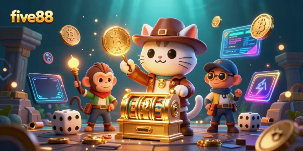 Engage in thrilling gameplay with five88 at a vibrant casino scene featuring fun characters and crypto elements.
