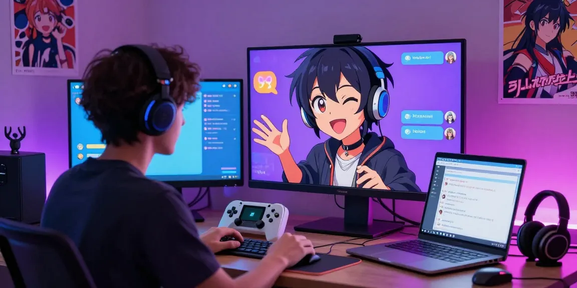 AI chat hentai character interacting in a vibrant virtual room with colorful anime decor.