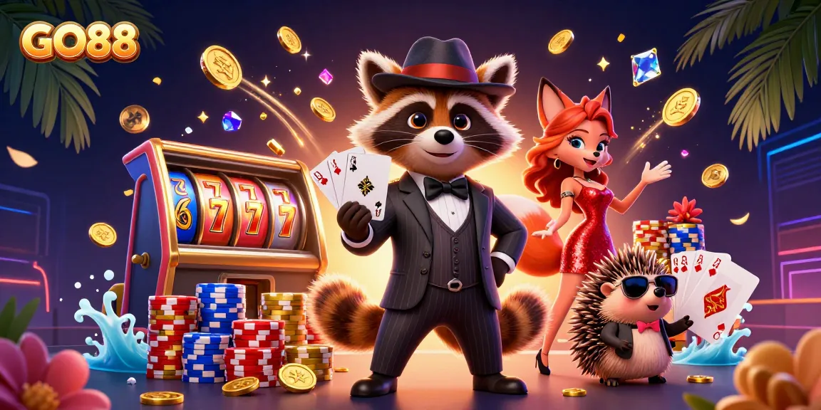 GO88 players celebrating with slot reels and a royal flush among vibrant casino elements