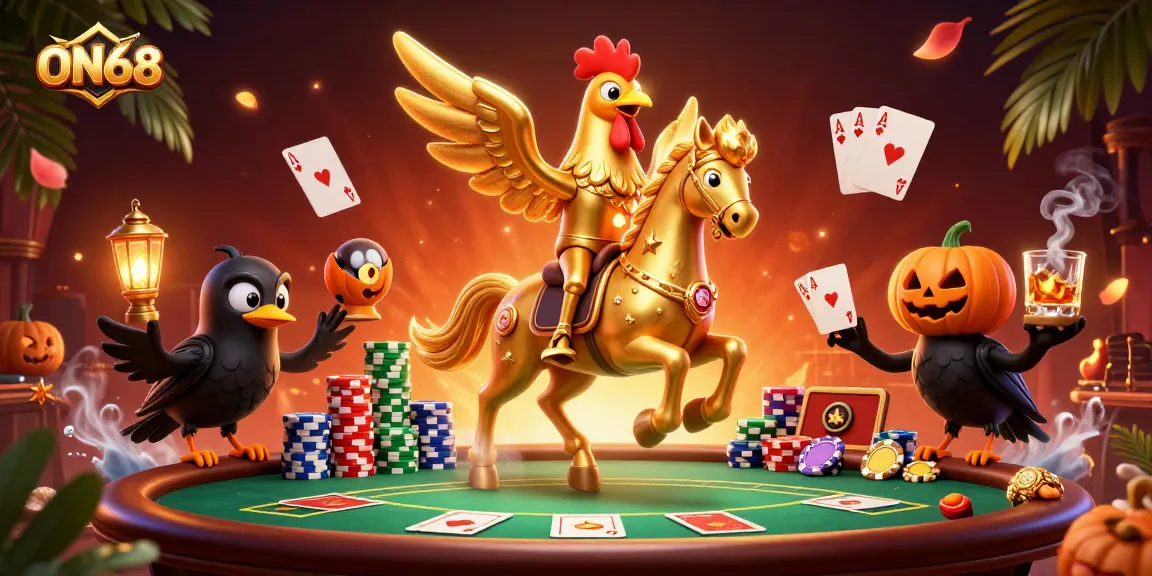 Experience ON68 with a thrilling casino scene featuring a golden rooster and friends amidst poker excitement.
