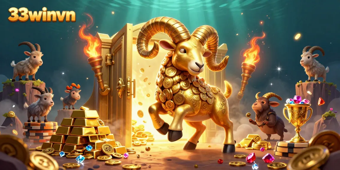 Experience the thrills of 33winvn with a golden ram charging through a treasure vault scene.