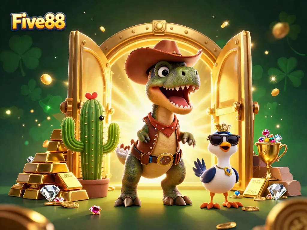 Experience Five88's thrilling treasures with a cowboy dinosaur, cactus, and roadrunner in a vibrant casino scene