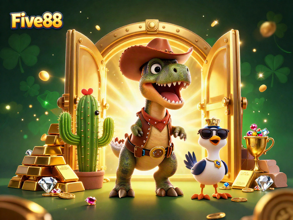 Experience Five88's thrilling treasures with a cowboy dinosaur, cactus, and roadrunner in a vibrant casino scene