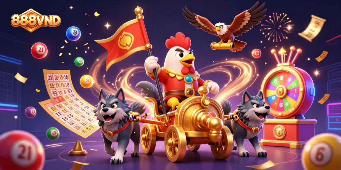 Engage in thrilling gameplay with 888VND featuring energetic game elements surrounding a warlord chariot.