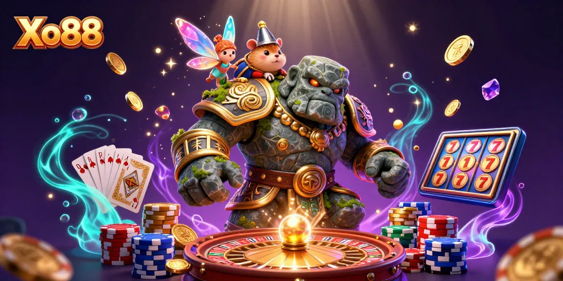 Xo88 brings excitement with a 3D golem, fairy, and hamster knight amid sparkling casino elements.