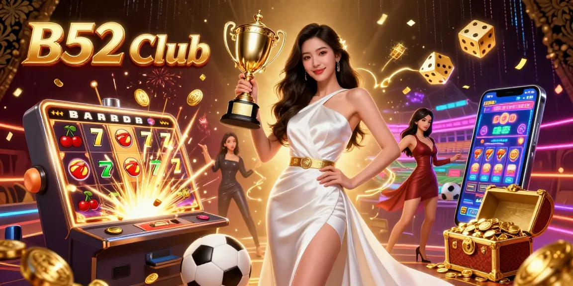 Experience the thrill of the B52 Club with a triumphant Asian woman celebrating amidst cascading casino game elements.