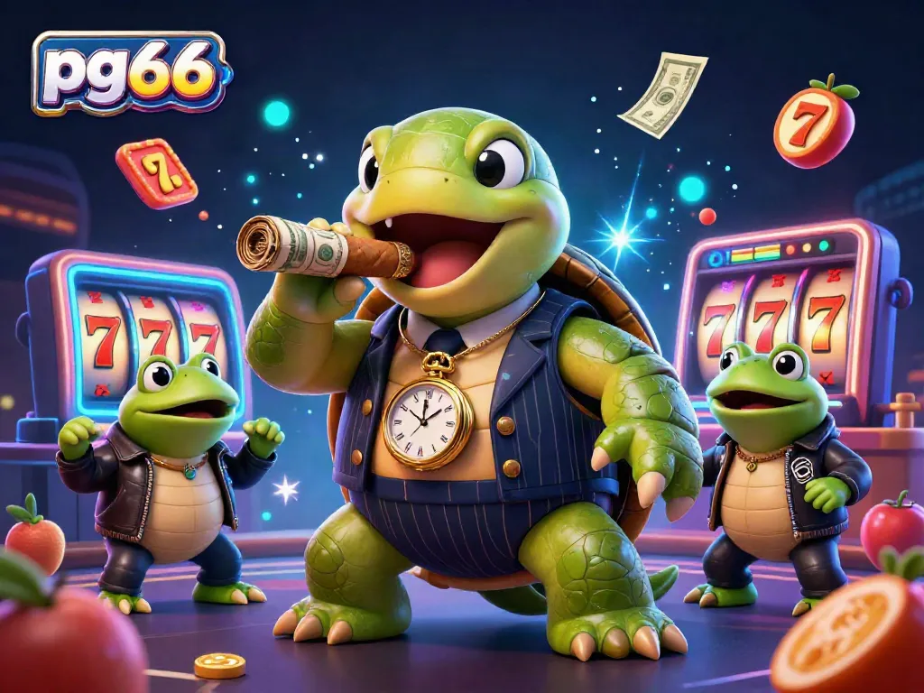 Join the thrilling casino action at pg66 with a cartoon snapping turtle in a mobster suit and casino elements.