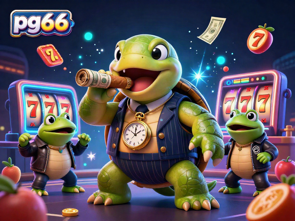 Join the thrilling casino action at pg66 with a cartoon snapping turtle in a mobster suit and casino elements.