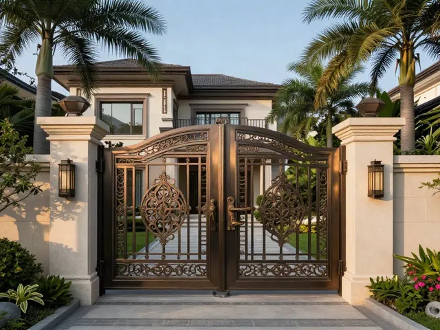 Custom villa gates designed for luxury homes, framed by lush landscaping and modern architecture.