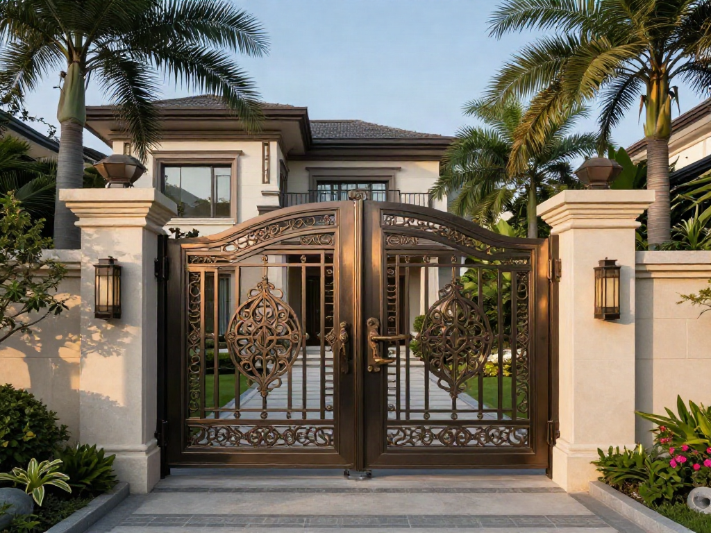 Custom villa gates designed for luxury homes, framed by lush landscaping and modern architecture.
