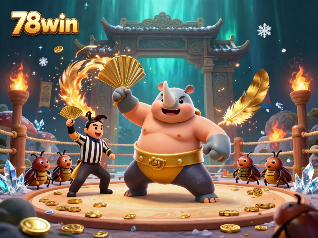 Experience thrilling action with 78win, featuring a powerful rhinoceros beetle sumo champion amidst golden coins and vibrant casino elements.