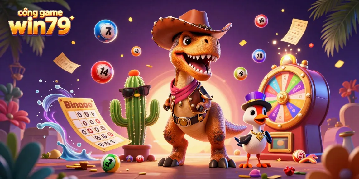 Engage with the cổng game win79 as vibrant 3D characters celebrate winning moments with colorful lottery elements.