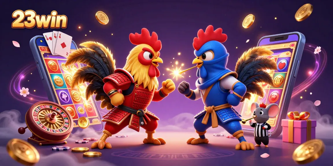 Engage in thrilling battles at 23win with dynamic roosters in a colorful gaming scene.