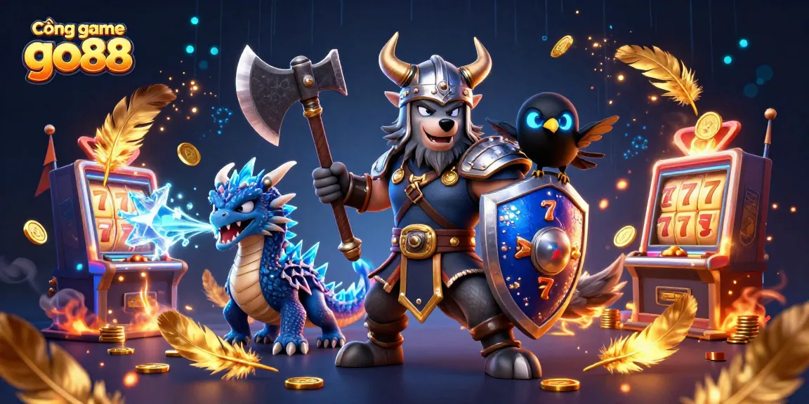 Cổng game go88 features a dynamic 3D cartoon scene with a Viking wolf warrior, fierce dragon, and glowing raven amidst slot machines and gold coins.