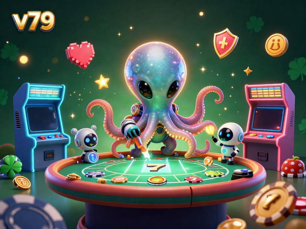 Engage in gaming excitement with v79 at a floating poker table operated by an alien octopus.
