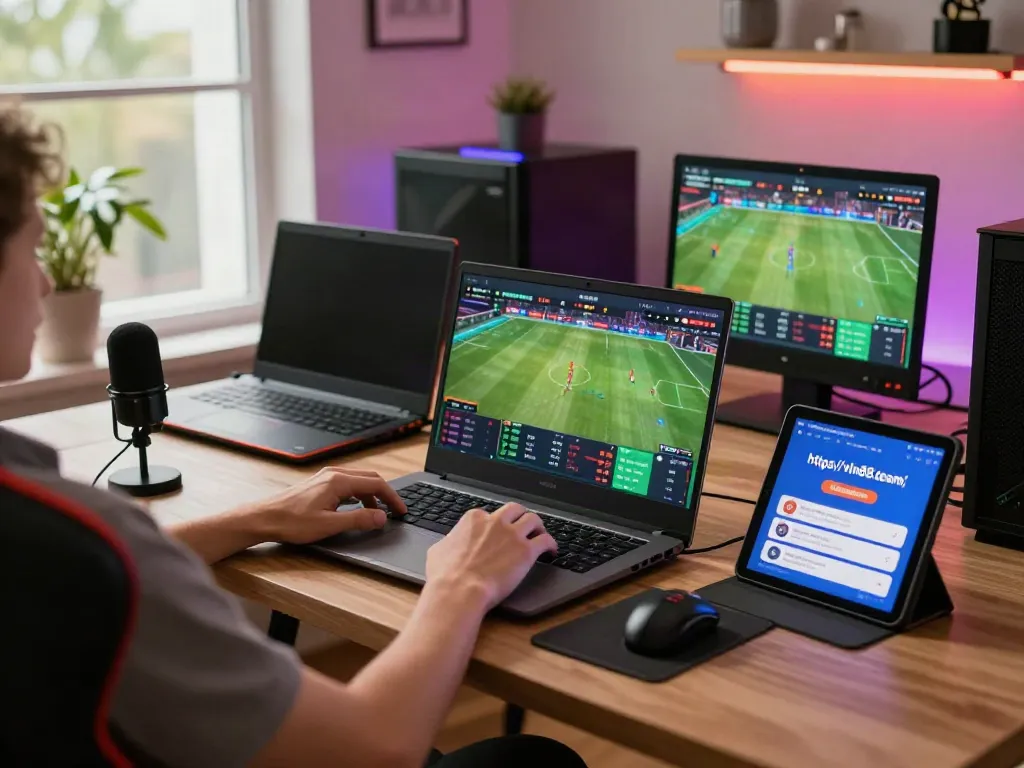 Exciting online gaming atmosphere with a player engaging in sports betting on https://vin88.team/, showcasing vibrant graphics, multiple devices, and a cozy setup.