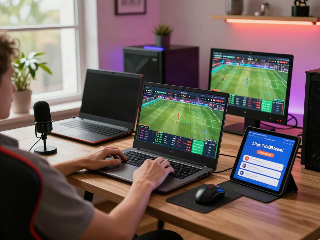 Exciting online gaming atmosphere with a player engaging in sports betting on https://vin88.team/, showcasing vibrant graphics, multiple devices, and a cozy setup.