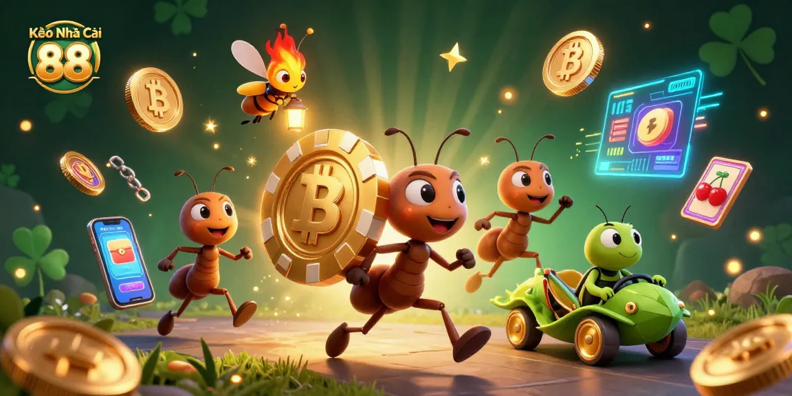 Kèo Nhà Cái 88 showcases a heist by ants with a golden poker chip, enriched with vibrant slot symbols.