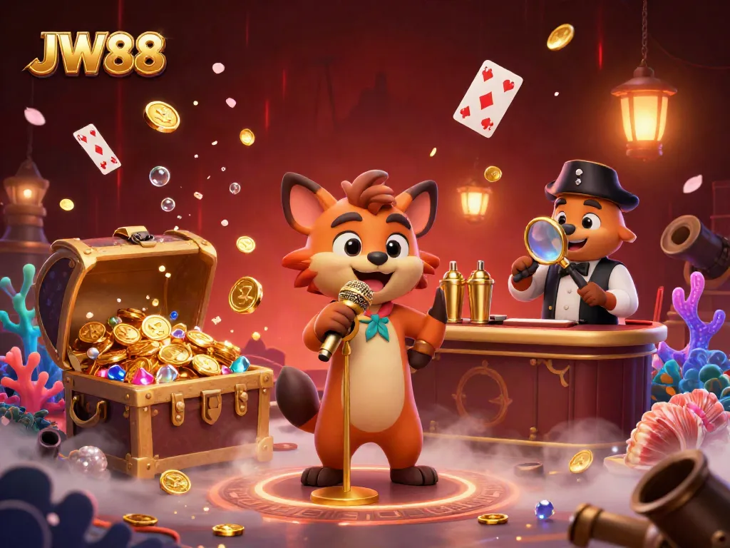 Engaging 3D scene of JW88's comedy casino club with hyenas entertaining and vibrant gaming elements.