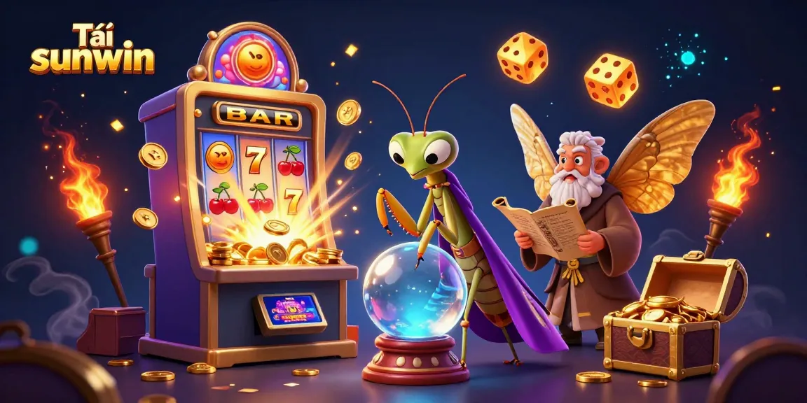 Playing casino games in Tải sunwin, featuring a 3D fortune teller and a vibrant slot machine bursting with rewards.