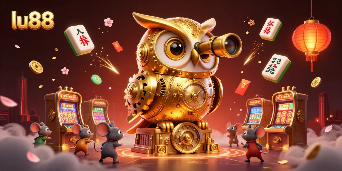 Engage with the thrilling atmosphere of Lu88, where a golden owl oversees bustling mouse patrons among vibrant gaming elements.