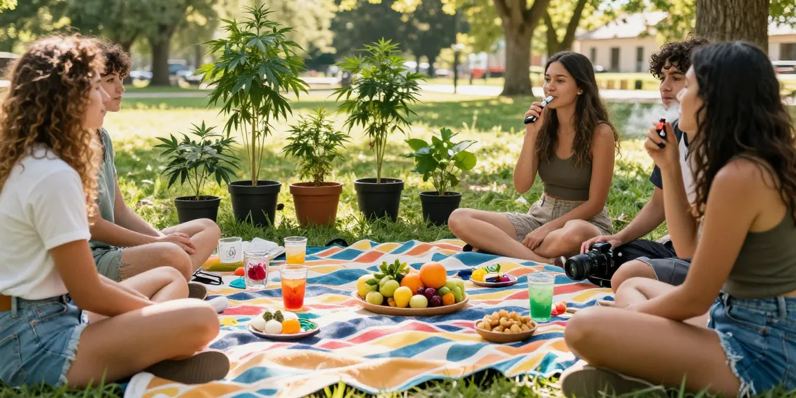 THC vapes UK at a vibrant outdoor picnic, friends enjoying CBD-infused refreshments, showcasing organic wellness lifestyle moments.