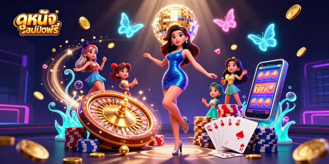 Experience ดูหนังออนไลน์ฟรี with vibrant 3D casino illustration showcasing shining slot reels and dynamic gaming elements.