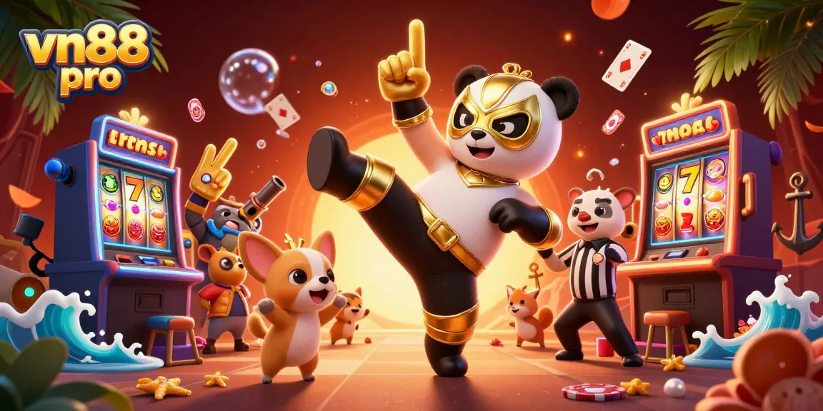 Spin and win at vn88 pro with vibrant slot reels and a dynamic wrestling scene featuring a panda!