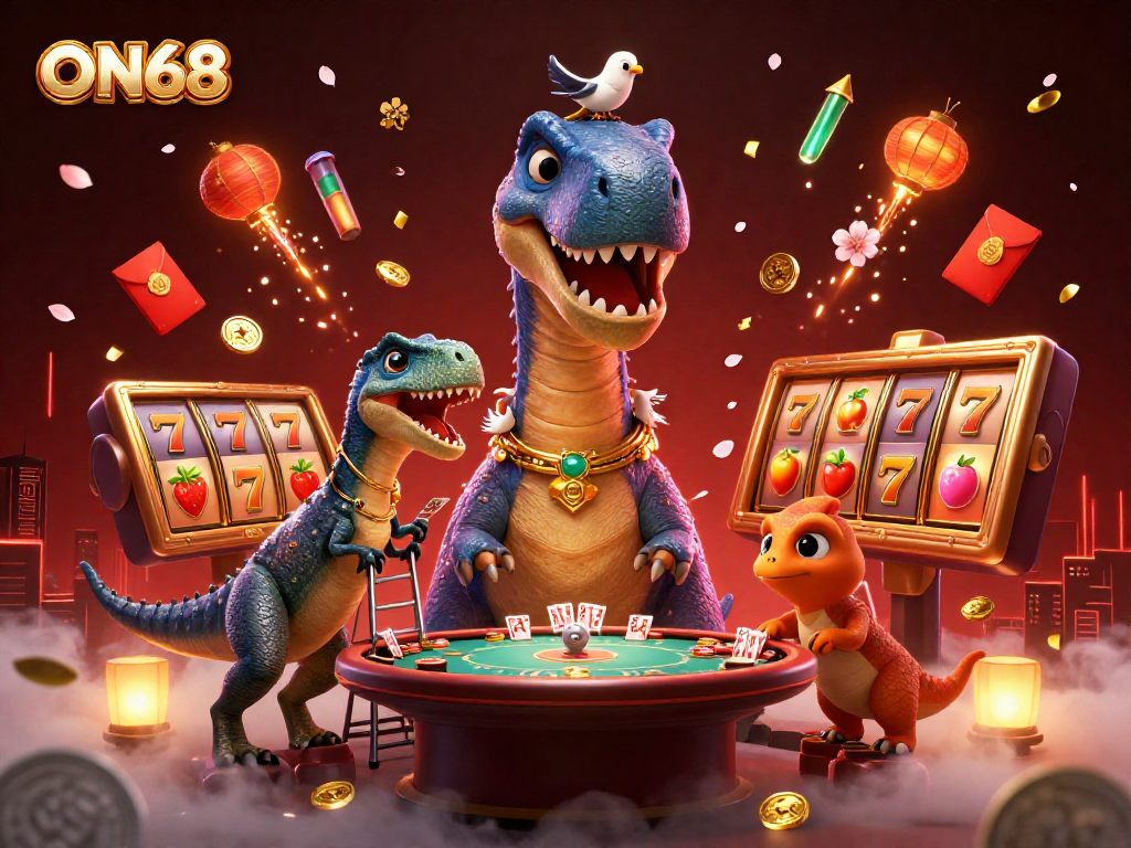 Experience the excitement of ON68 with an immersive 3D casino illustration featuring thrilling slot machines and engaging characters.