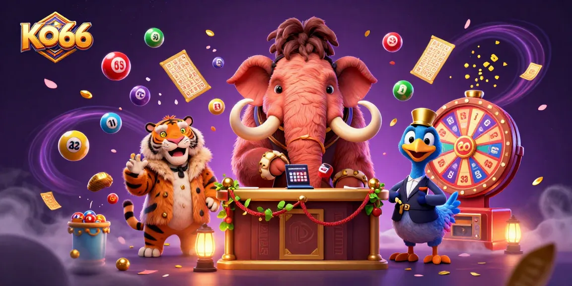 KO66 casino features a woolly mammoth bouncer and dynamic lottery elements in a vibrant scene.